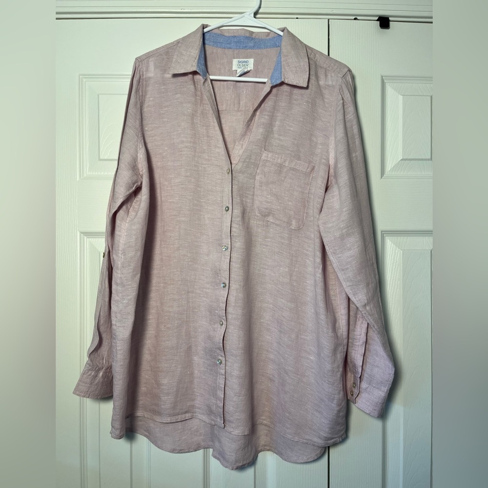 Sigrid Olsen Pink Linen Button Down Cover Up Size Large EUC - Picture 4 of 9